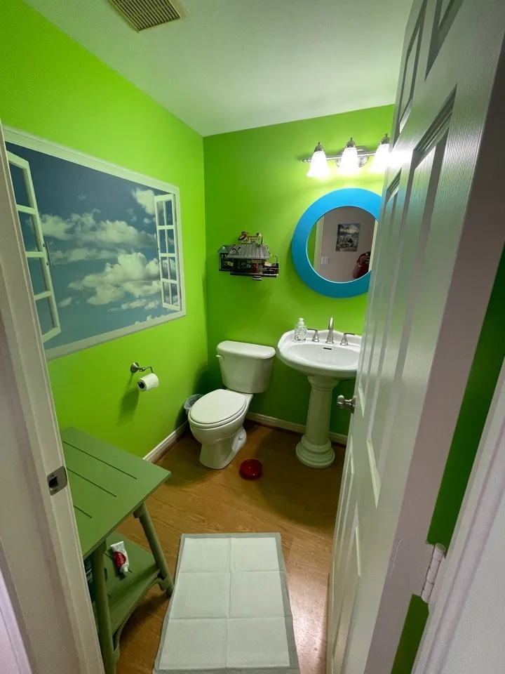 Before: original hall bath finished in lime green with a pedestal sink and round mirror